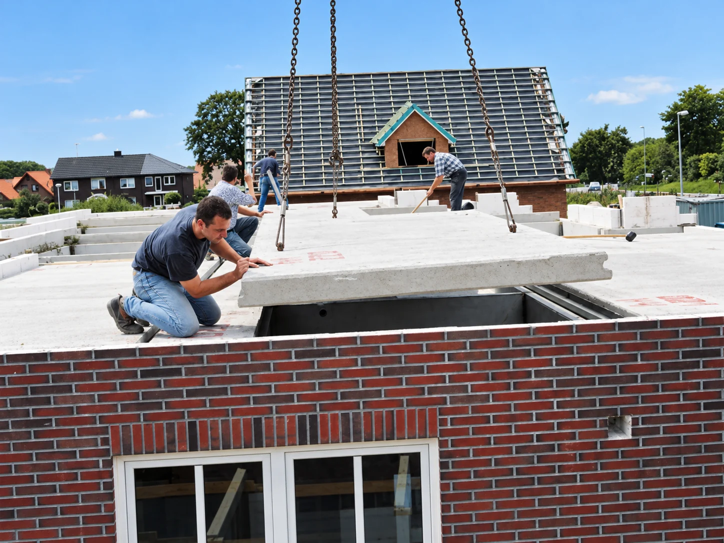 Blick auf das Auflegen eines großen vorgefertigten Deckenelements
