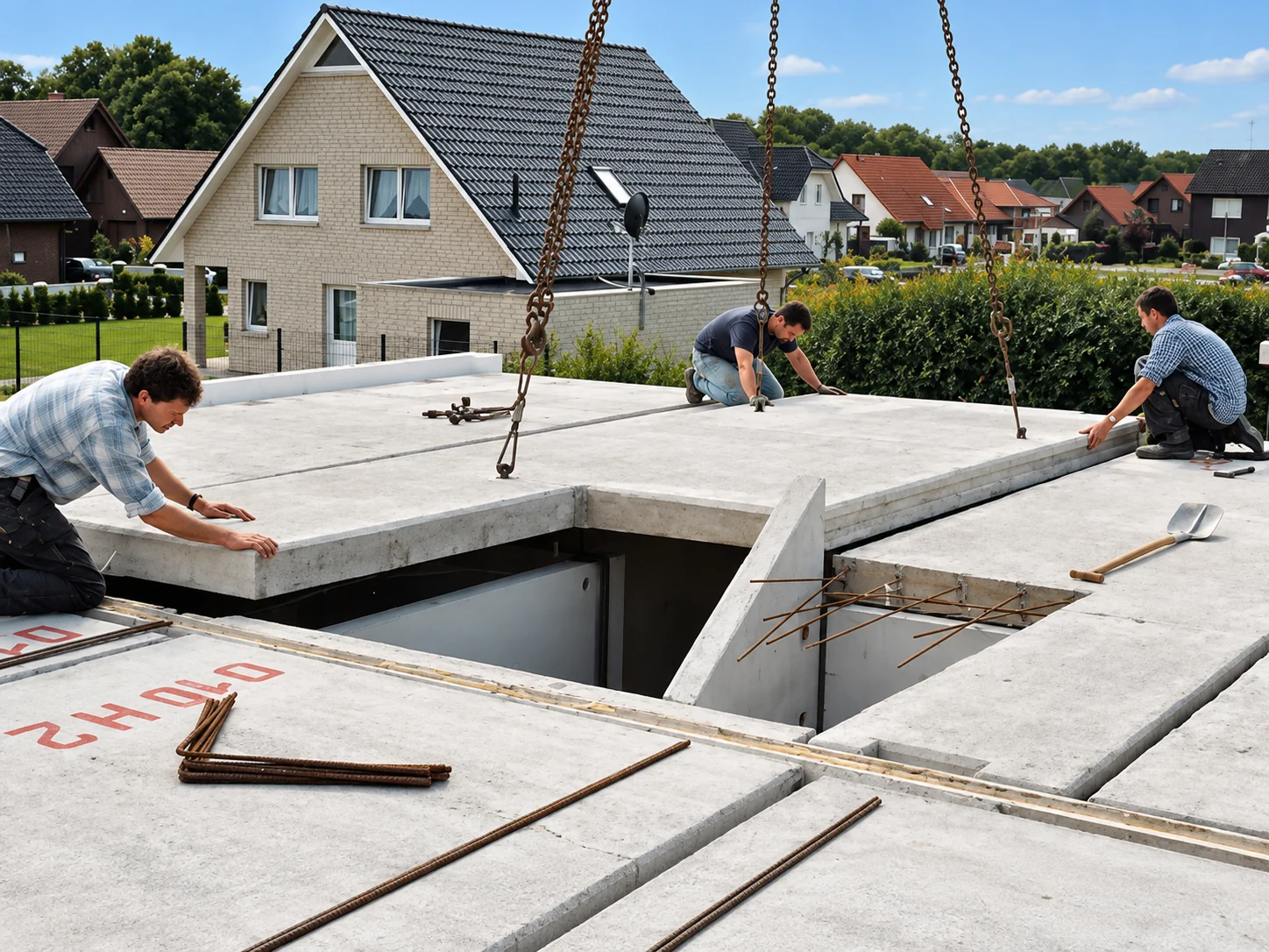Blähtondeckenelement wird auf der Baustelle mit einem Kran eingesetzt