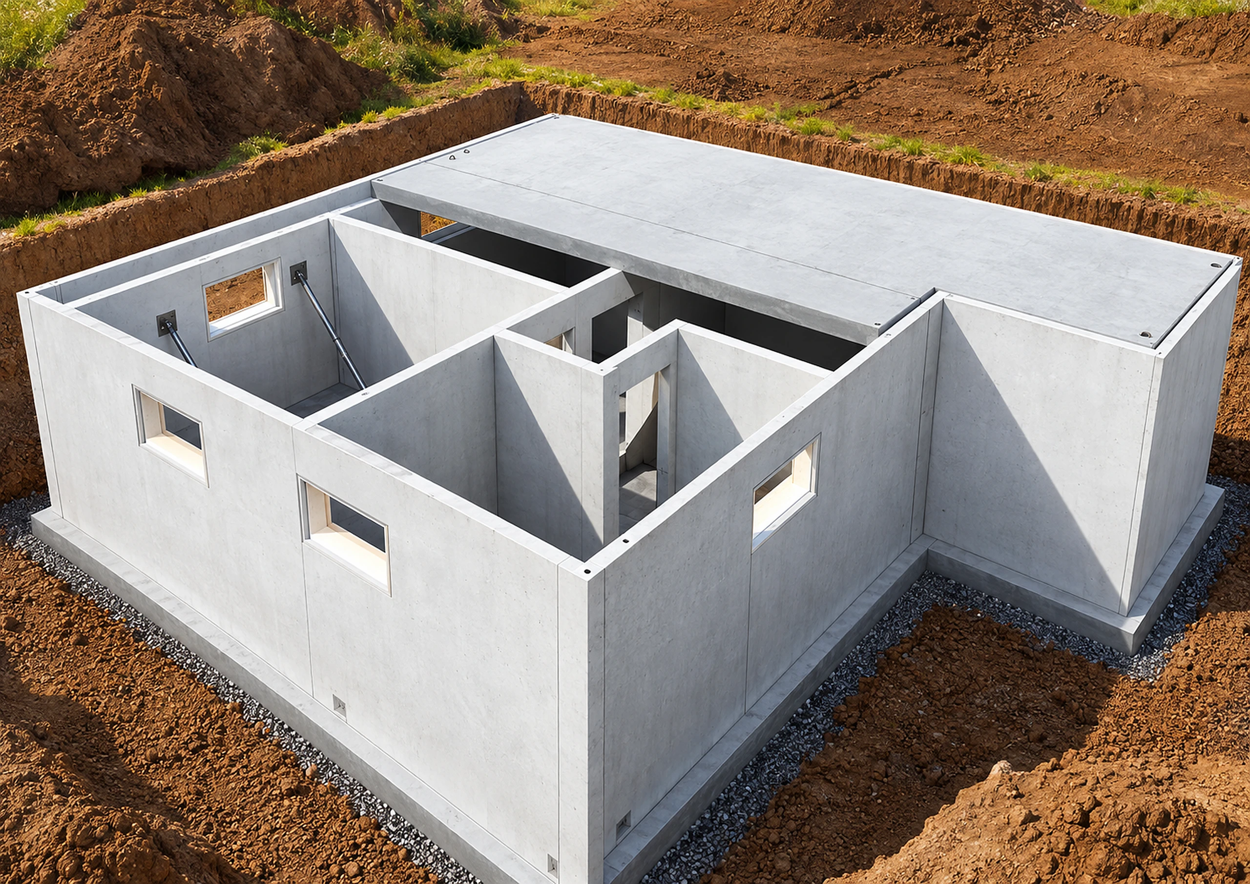 Symbolische 3D-Visualisierung eines Kellergrundrisses mit vorgefertigten Kellerwänden