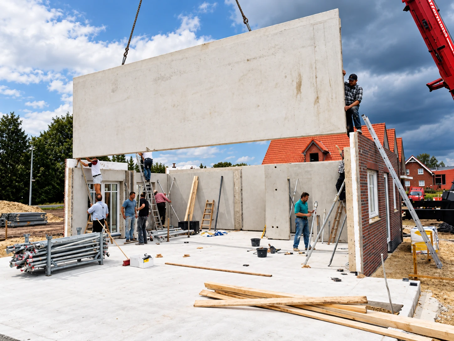 Ein großformatiges Blähton-Fertigwandelement wird auf einer Baustelle mit einem Kran versetzt.