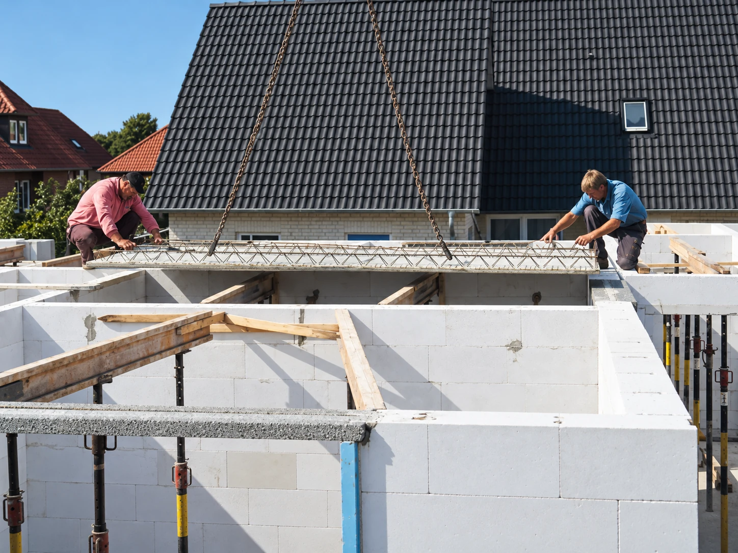 Montage einer Fertigteildecke auf der Baustelle